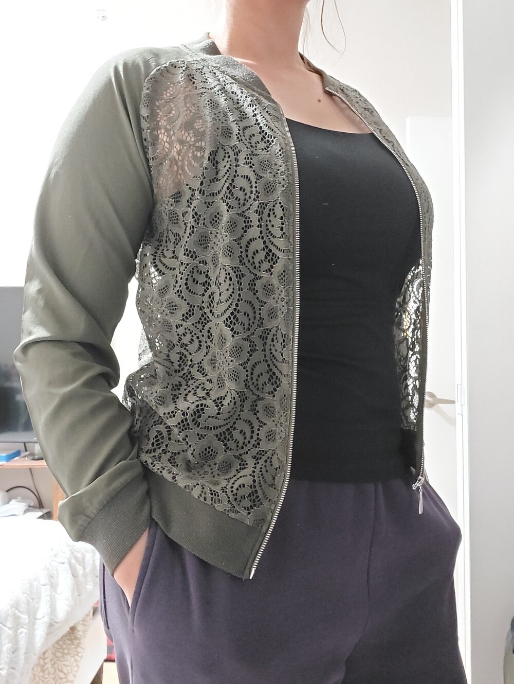 Olive Green Lace Bomber Jacket - Women's Lightweight Zip-Up